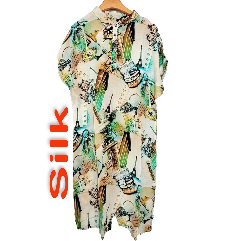 Women's 100% Silk Size XXL Short Sleeve Top Long Shirt SCB814